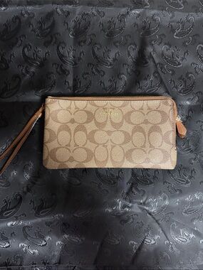 Coach Brown Signature Canvas Wristlet with Leather Strap